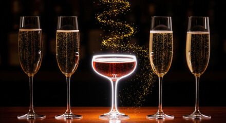 four champagne flutes and one glowing magic cocktail glass with glitter swirl on a dark background for celebration