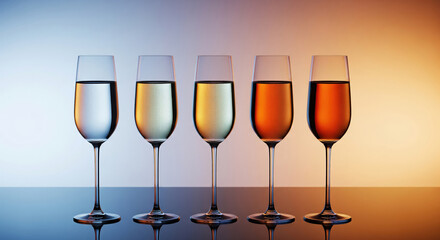 row of five champagne glasses with gradient colored liquid on a blue and orange background for a creative beverage concept