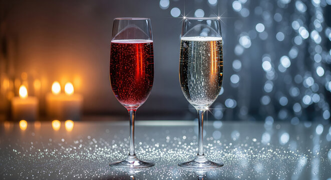 two champagne glasses with red and white wine on a contrasting warm and cold bokeh background for a holiday celebration - Powered by Adobe