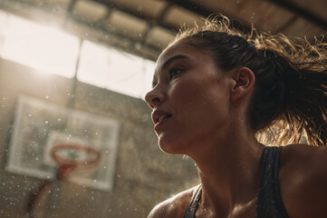 Determined young athlete sweating under gym lights during intense basketball training — close-up portrait capturing focus, grit and motion in indoor court
