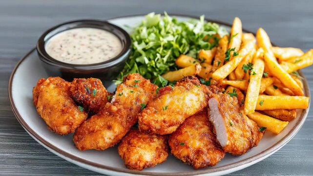 Crispy chicken nugget breaded chicken with french fry salad and creamy dipping sauce on plate