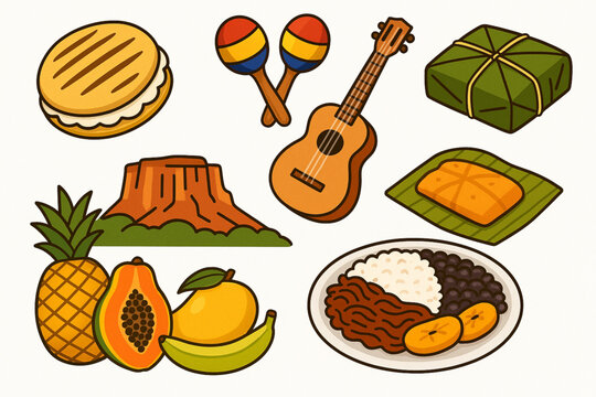 Colorful cartoon illustration of Venezuelan culture and food icons