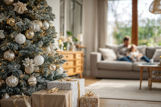 Warm cozy holiday scene: frosted Christmas tree adorned with gold and white ornaments, wrapped gifts at the base, soft glowing lights and a family on the sofa - Powered by Adobe