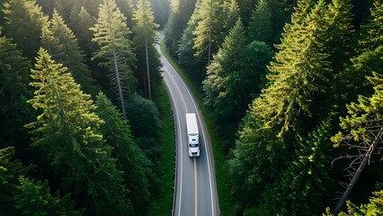 Truck driving through forest road on a sunny day
