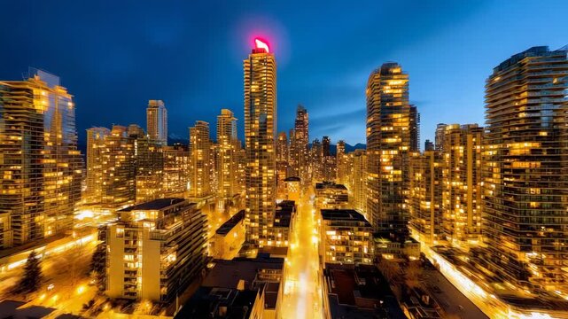 Evening city skyline highrise building glowing windows warm streetlights gentle motion blur night