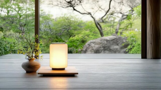 Soft glowing lantern on wooden veranda with potted branch serene garden ambient light glow