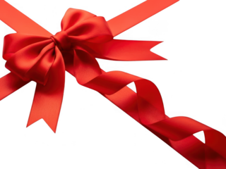Closeup of a vibrant red satin gift bow with flowing ribbon tails isolated on transparent background for celebration and present decoration