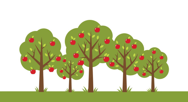 Vibrant cartoon apple trees with red apples on a green grassy field.