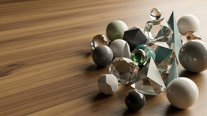 Mixed 3D Geometric Shapes Clear Crystals Opaque Spheres on Wood