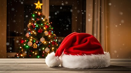 Fototapeta premium Santa hat on floor near christmas tree