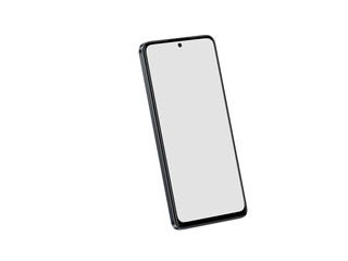 Naklejka premium modern black smartphone on a white background. The phone is angled slightly, showcasing its slim profile and full, blank screen with a small punch-hole camera cutout at the top center.