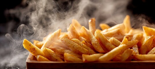 Closeup of freshly made, hot french fries steaming dramatically in a wooden container against a dark background, emphasizing texture and warmth