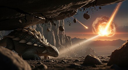 An Ankylosaurus takes shelter under a rock overhang as fiery meteors streak across the sky and impact in the distance, during a catastrophic celestial event