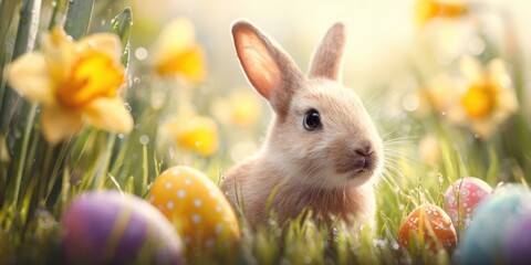 Cute bunny in spring meadow with colorful Easter eggs and yellow daffodils