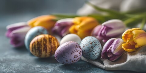 Colorful Easter eggs and tulips arranged on fabric for a vibrant spring still life