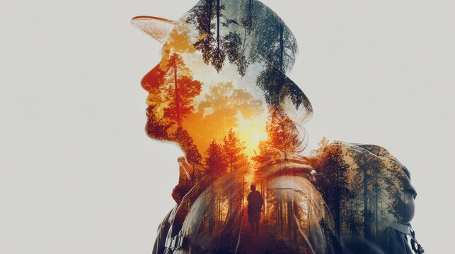 Double exposure photography of close up traveller and the tranquil forest, nature, adventure, forest, man, hiking, backpack, young, lifestyle, tourist, outdoors