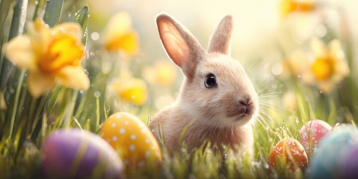 Cute bunny in spring meadow with colorful Easter eggs and yellow daffodils - Powered by Adobe