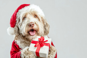 Portrait of a shaggy dog wearing a Santa hat and Santa's costume holding a gift box, smiling at the camera on a white background with an copy space. New Year's banner. A Christmas card. mongrel dog.