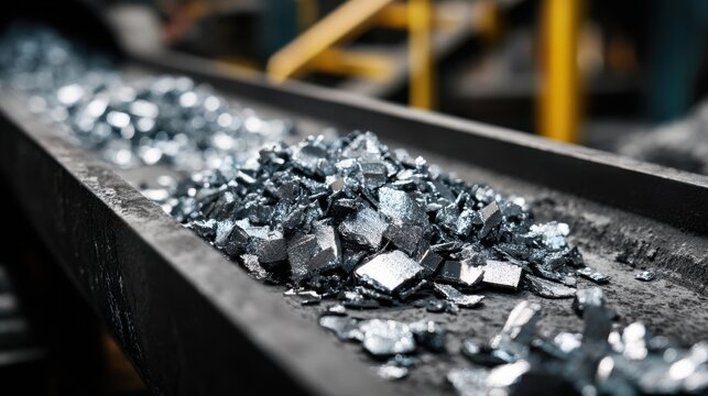 Closeup medium shot of zinc scrap being carefully processed on a conveyor belt highlighting the initial stages of nonferrous metal recycling.