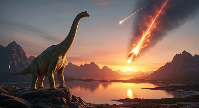 A massive Brachiosaurus standing near a lake observes a large, flaming rock falling from the sky during sunset. Mountains are visible in the background