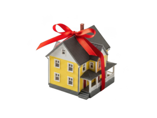 Small yellow model house with a red ribbon tied around it like a gift, isolated on transparent background