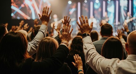 Naklejka na ściany i meble Diverse religious community raising hands in fervent prayer, united in worship and spiritual devotion at a vibrant church service, expressing deep collective faith.