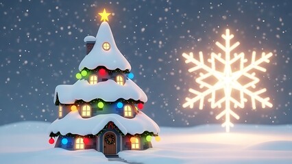 Christmas house decorated with lights and snow