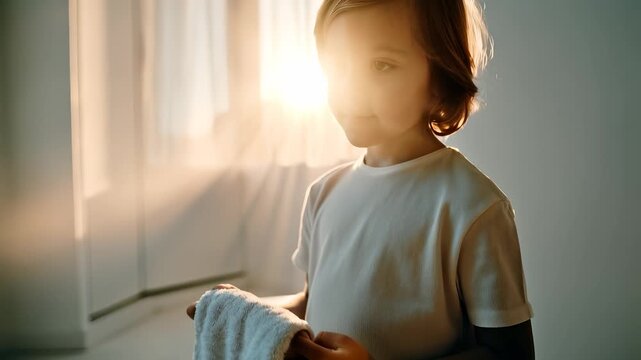 A boy stands in a softly lit room, holding a folded white towel while sunlight streams through nearby windows. The warm glow creates a peaceful ambiance, highlighting the boy's exp