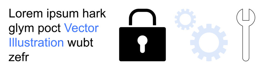 Cybersecurity, encryption, data protection, repair services, technical troubleshooting, system maintenance. Padlock, gears and wrench symbols. Cybersecurity and encryption concepts
