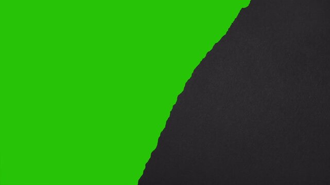Real black paper rips diagonally from the left, opening a paper gap before sliding sideways to reveal.