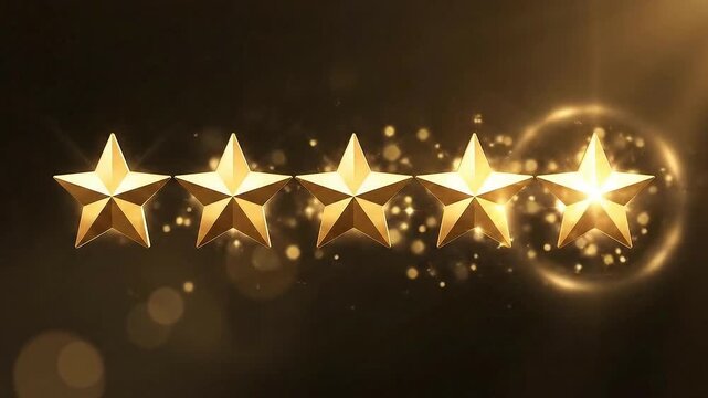 Golden Stars Rating System Animation with Glowing Sparkles and Lens Flares on Dark Background