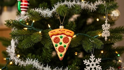 Christmas tree decorated with pizza ornament and snowflakes