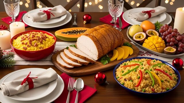 Mesa de Ceia de Natal Brasileira com Chester Dourado, Farofa Tradicional, Arroz &agrave; Grega e Frutas Tropicais Decoradas com Elementos Natalinos Festivos