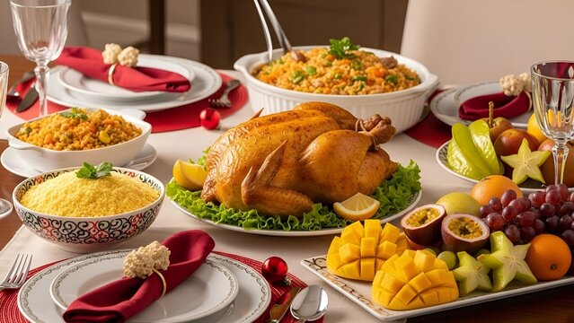 Mesa de Ceia de Natal Brasileira com Chester Dourado, Farofa Tradicional, Arroz &agrave; Grega e Frutas Tropicais Decoradas com Elementos Natalinos Festivos