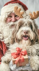 Santa Clause and shaggy dog wearing Christmas headband with reindeer antlers holding a gift box, smiling at camera on a white background. New Year banner. Christmas card. mongrel dog. vertical photo.