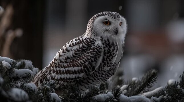 White polar owl on snowy spruce in moonlit winter night, hyperreal details and serene frozen atmosphere.