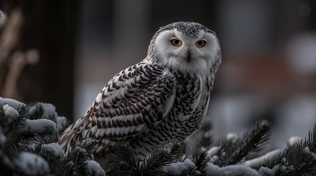 White polar owl on snowy spruce in moonlit winter night, hyperreal details and serene frozen atmosphere.