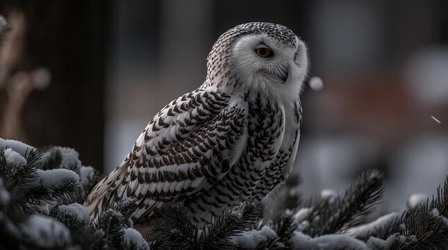 White polar owl on snowy spruce in moonlit winter night, hyperreal details and serene frozen atmosphere.