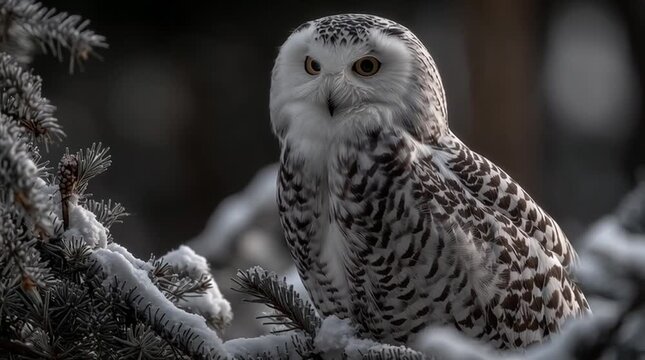 White polar owl on snowy spruce in moonlit winter night, hyperreal details and serene frozen atmosphere.