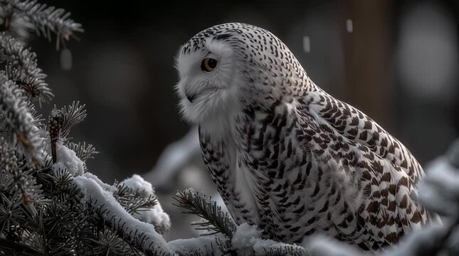 White polar owl on snowy spruce in moonlit winter night, hyperreal details and serene frozen atmosphere.