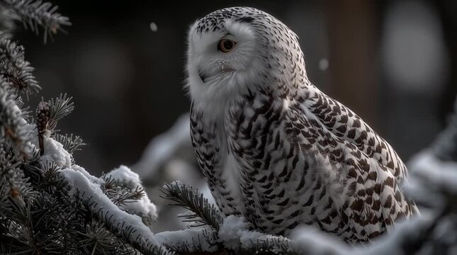 White polar owl on snowy spruce in moonlit winter night, hyperreal details and serene frozen atmosphere.