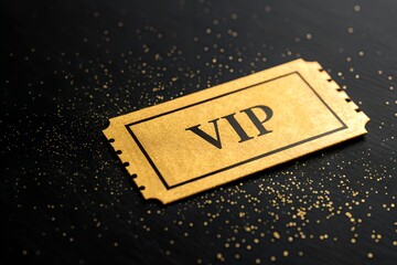 Luxury gold VIP ticket on a dark background with sparkling particles, symbolizing exclusivity, premium access, elite events and high-end experiences. Perfect for marketing and branding concepts.