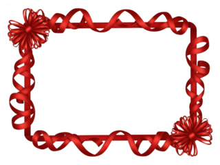 Decorative red ribbon frame border with bow accent in top left and bottom right corner, isolated on transparent background