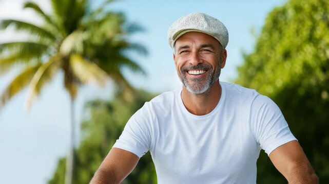 Smiling man cap white t shirt beard mature male tropical background cycling outdoors by palm trees