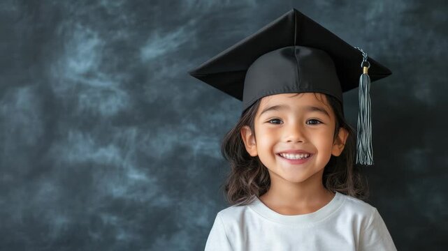 Smiling child graduation cap joyful preschool achievement portrait with white shirt and soft studio