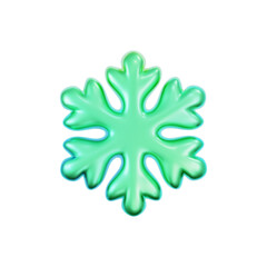3D green neon snowflake with a holographic liquid effect, isolated on a white background. Glossy green glass winter snowflake for Christmas and New Year decors, UI, card, posters. 3D vector icon