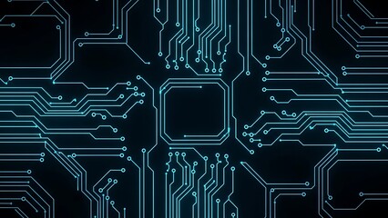 Abstract digital circuit board design with glowing blue lines representing data flow on a dark background