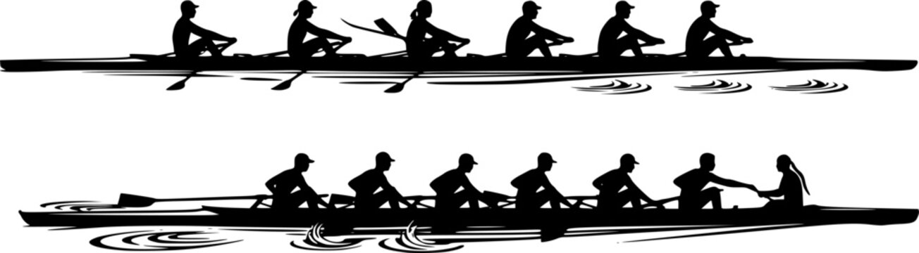 Silhouettes of single, double, quad, and eight-person rowing teams, sculling and sweep boats, competitive crew sport vector illustration, water racing concept