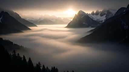 Golden sunrise over a winter mountain range with deep valley fog and dark forests