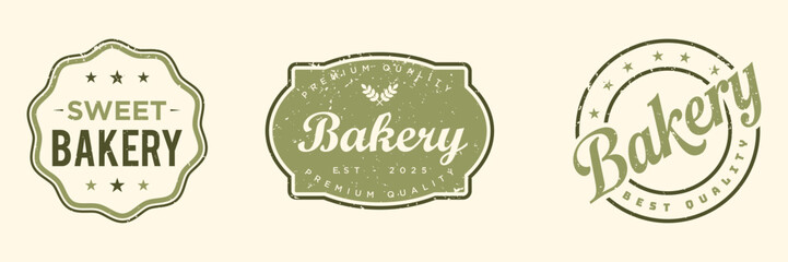 Vintage distressed bakery logo vector badges set featuring retro frames, script typography, and grunge textures, perfect for sweet shop branding, food labels, and premium quality seals.